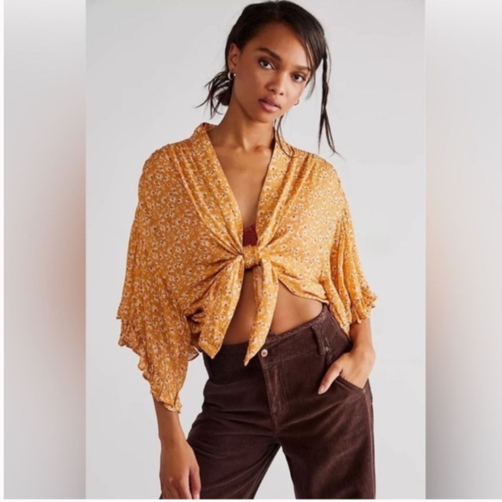 Free People Women’s Oversized XS Calisto Floral Honey Tie Front Boho Ruffle Top